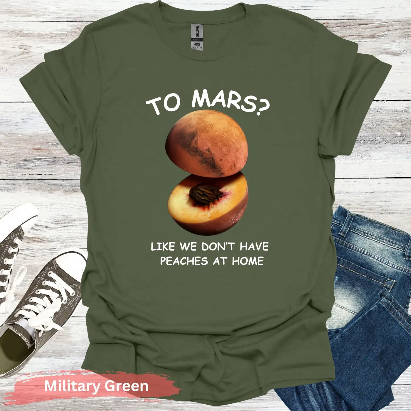 Peach and Planet Mars T-shirt - S / Military Green - Physical Item