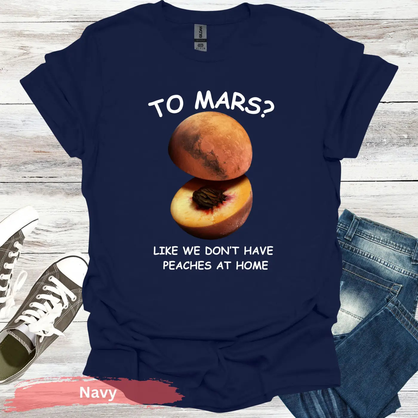 Peach and Planet Mars T-shirt - S / Navy - Physical Item