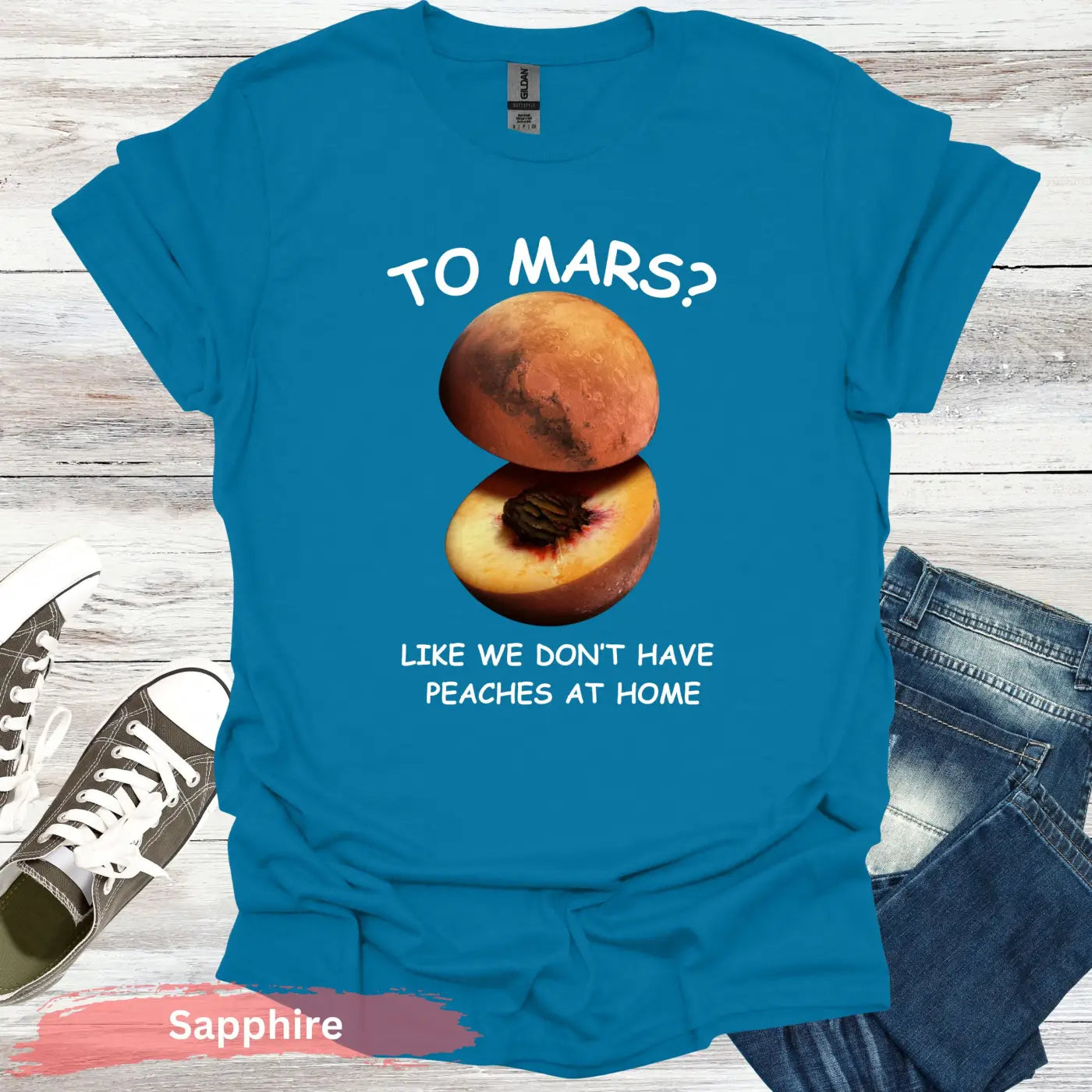 Peach and Planet Mars T-shirt - S / Sapphire - Physical Item