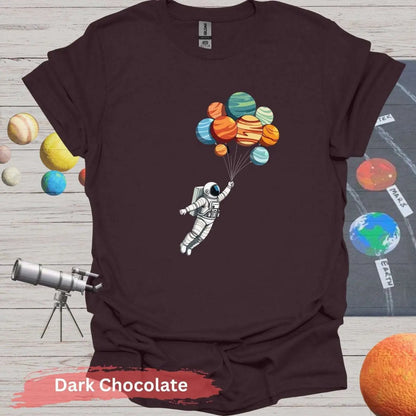 Planetary Dreams: Whimsical Astronaut Balloon T-Shirt - S / Dark Chocolate - Physical Item