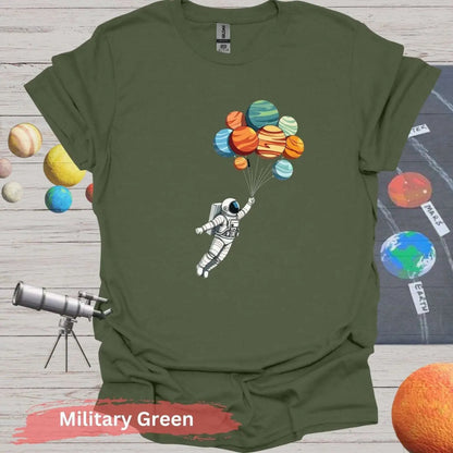 Planetary Dreams: Whimsical Astronaut Balloon T-Shirt - S / Military Green - Physical Item