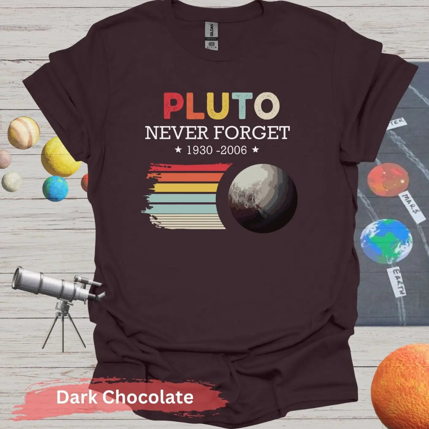 Pluto Never Forget 1930 - 2006 Retro Style T-Shirt - S / Dark Chocolate - Physical Item