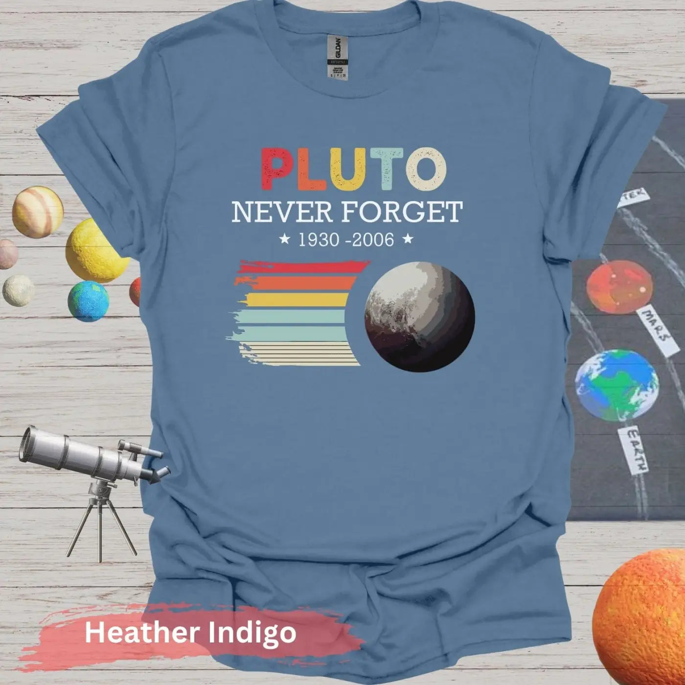 Pluto Never Forget 1930 - 2006 Retro Style T-Shirt - S / Heather Indigo - Physical Item