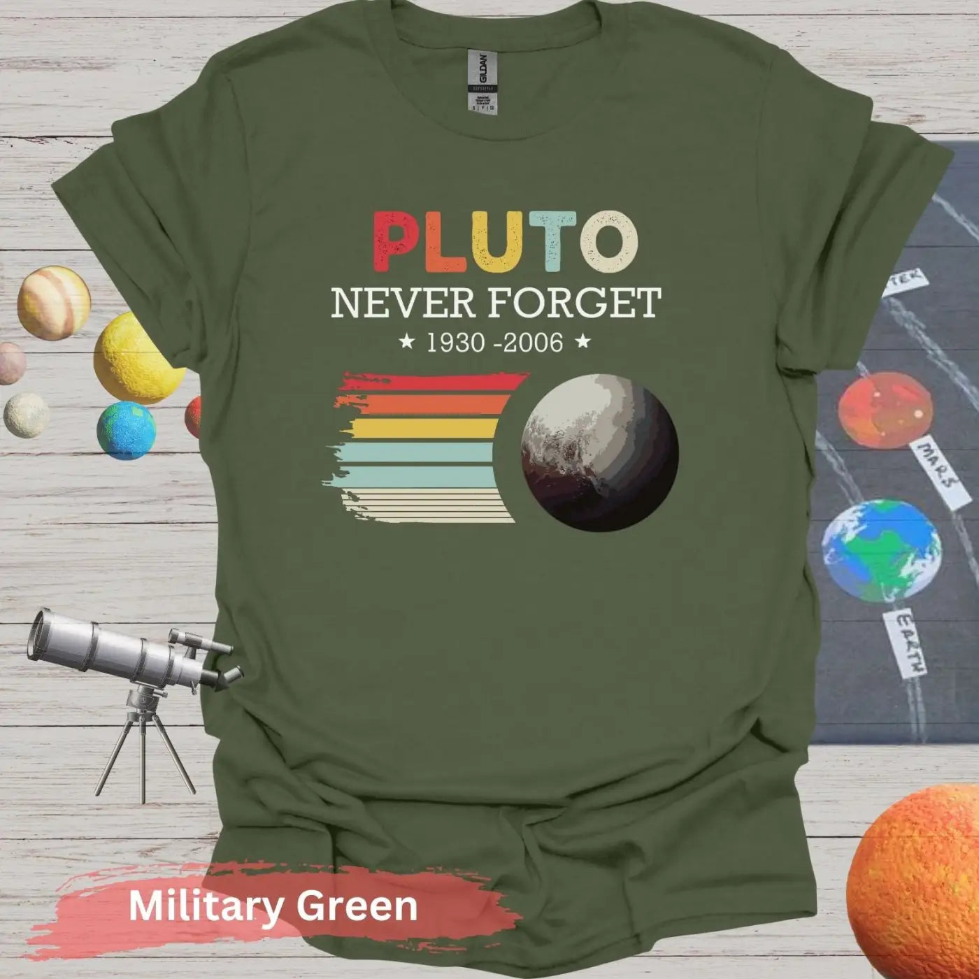 Pluto Never Forget 1930 - 2006 Retro Style T-Shirt - S / Military Green - Physical Item