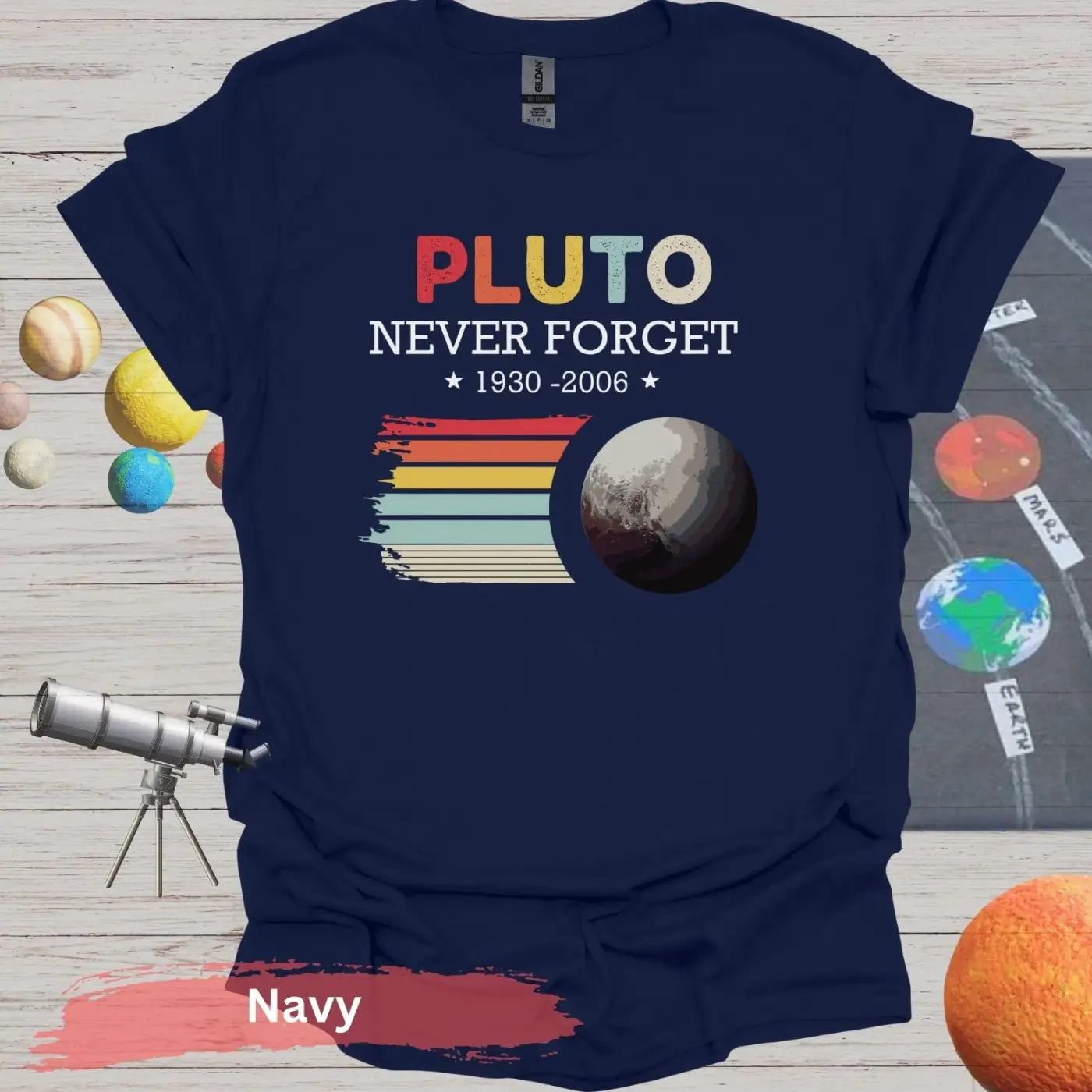 Pluto Never Forget 1930 - 2006 Retro Style T-Shirt - S / Navy - Physical Item