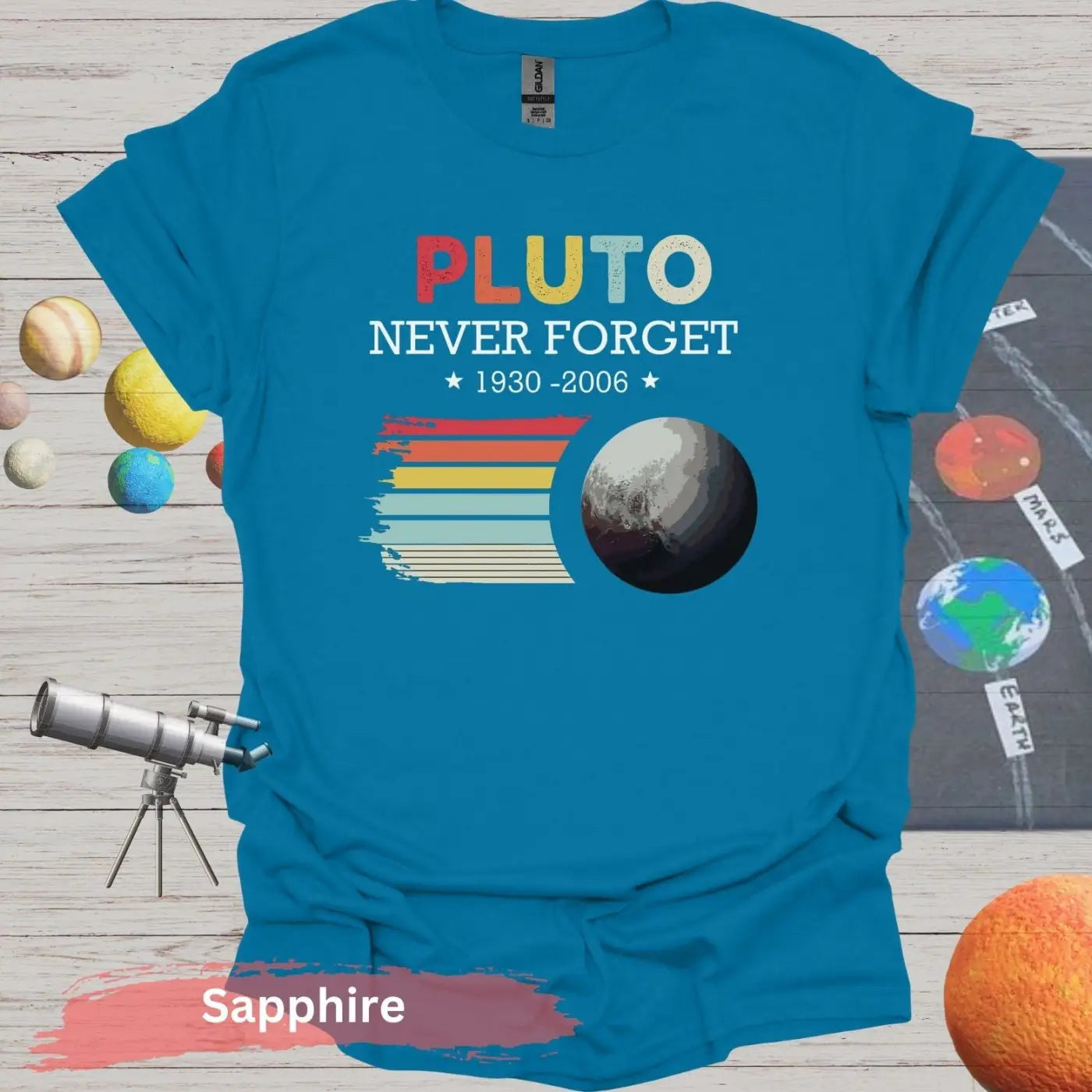 Pluto Never Forget 1930 - 2006 Retro Style T-Shirt - S / Sapphire - Physical Item