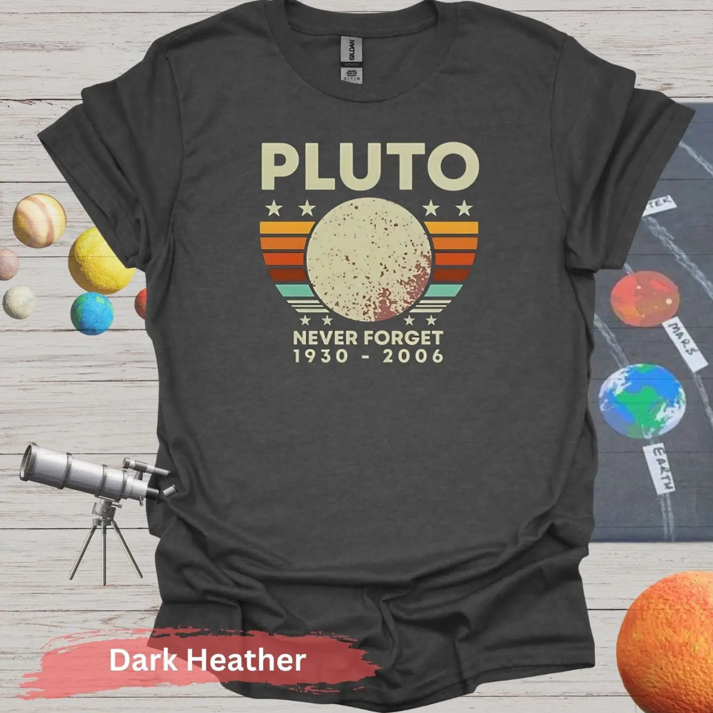 Pluto Never Forget Retro Vintage T-Shirt 1930 to 2006 - S - Unisex / Dark Heather - Physical Item