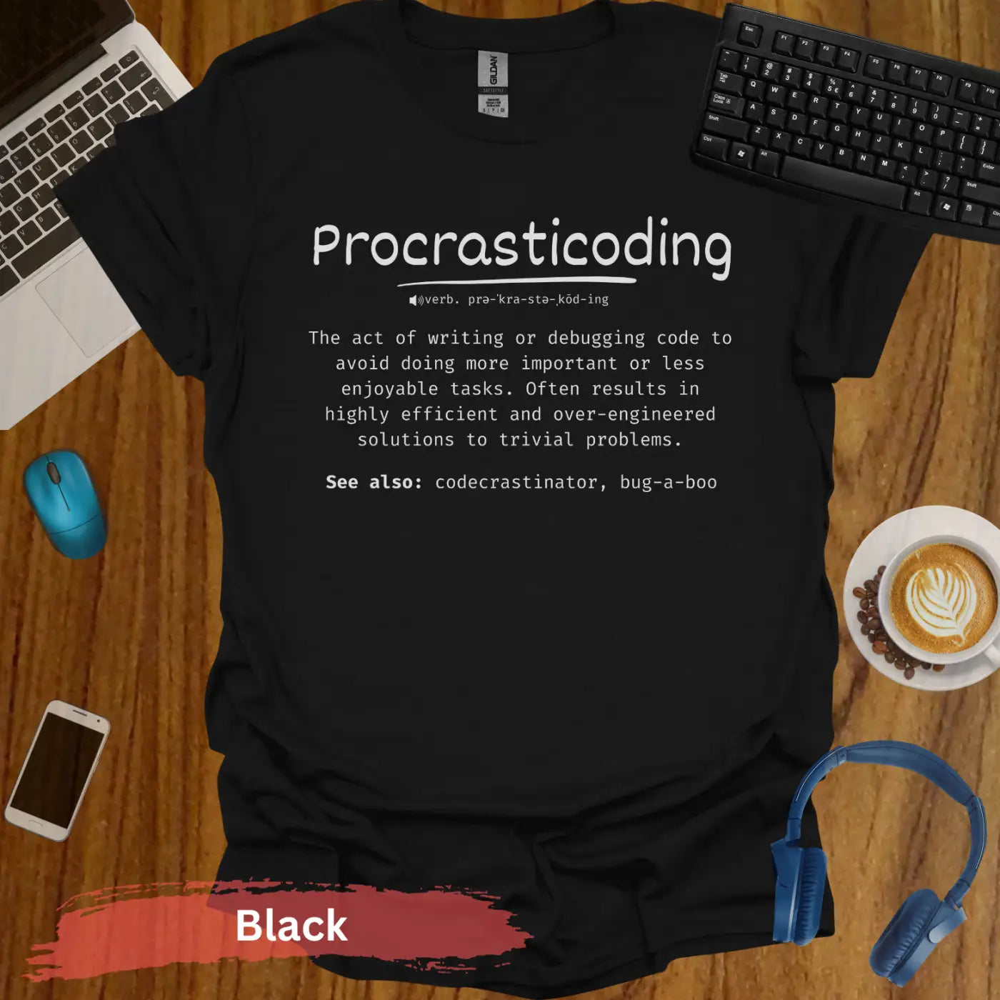 Procrasticoding funny definition T-Shirt - S / Black - Physical Item