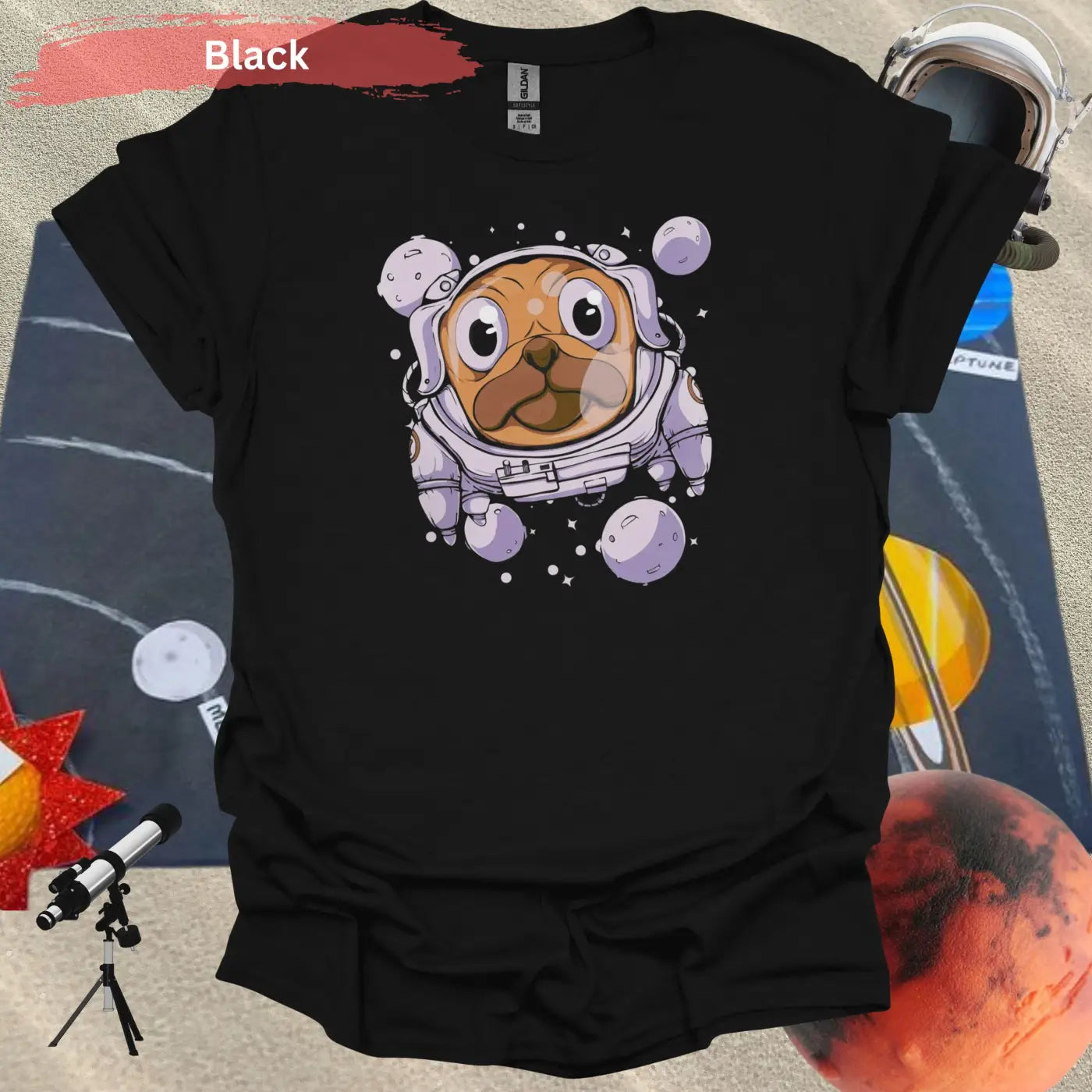 Space Pug: Adorable Canine Astronaut T-Shirt - S / Black - Physical Item