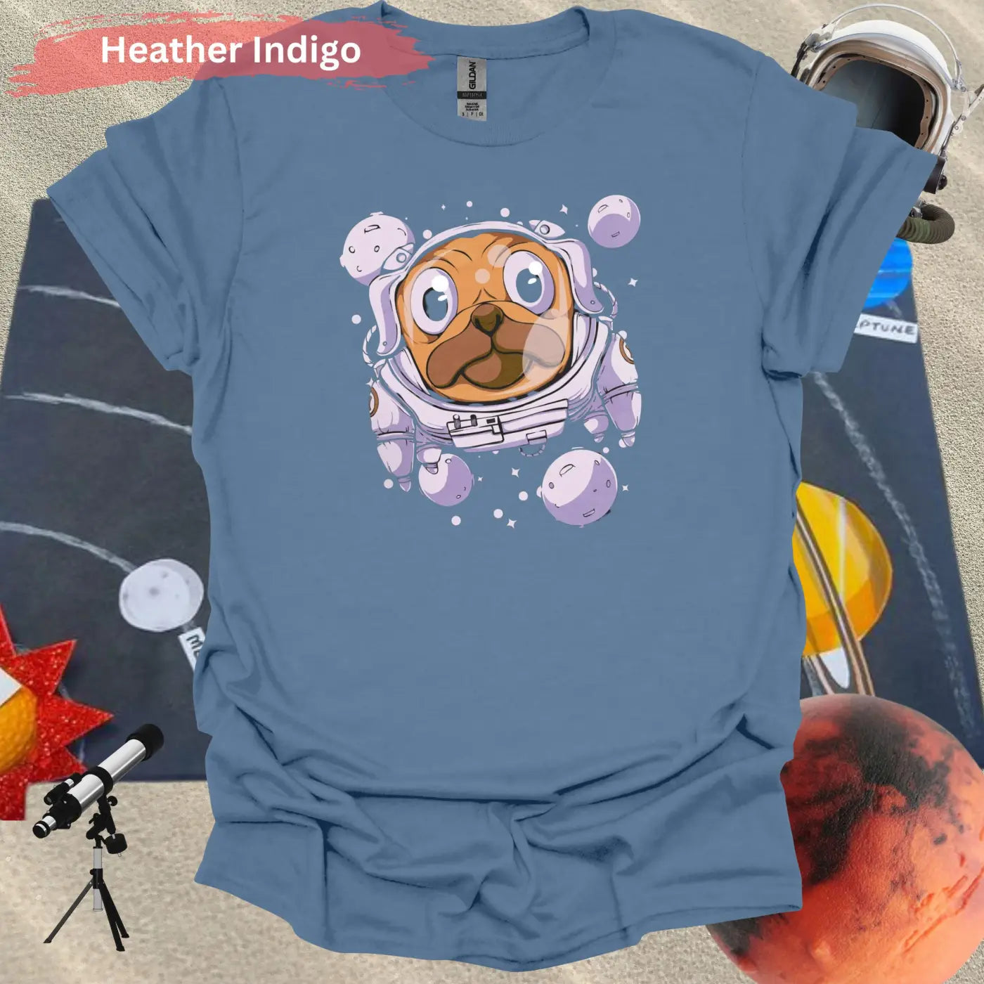 Space Pug: Adorable Canine Astronaut T-Shirt - S / Heather Indigo - Physical Item