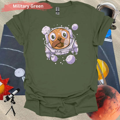 Space Pug: Adorable Canine Astronaut T-Shirt - S / Military Green - Physical Item