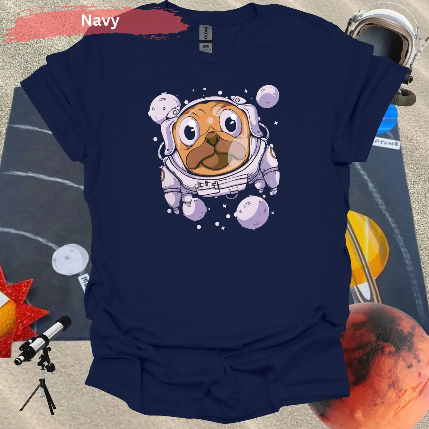 Space Pug: Adorable Canine Astronaut T-Shirt - S / Navy - Physical Item