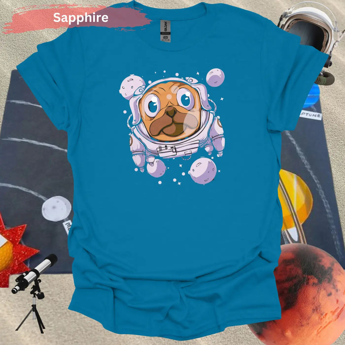 Space Pug: Adorable Canine Astronaut T-Shirt - S / Sapphire - Physical Item