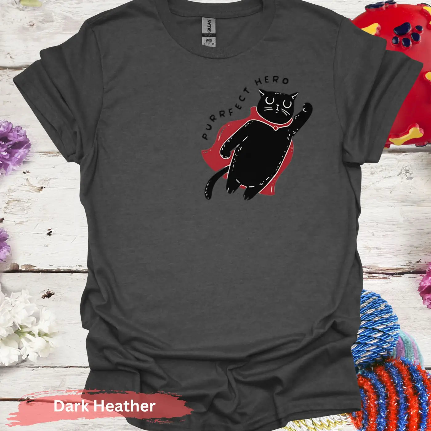 Purrfect Hero Cat with Cape T-shirt - S / Dark Heather - Physical Item