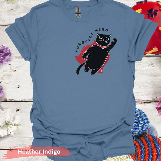 Purrfect Hero Cat with Cape T-shirt - S / Heather Indigo - Physical Item