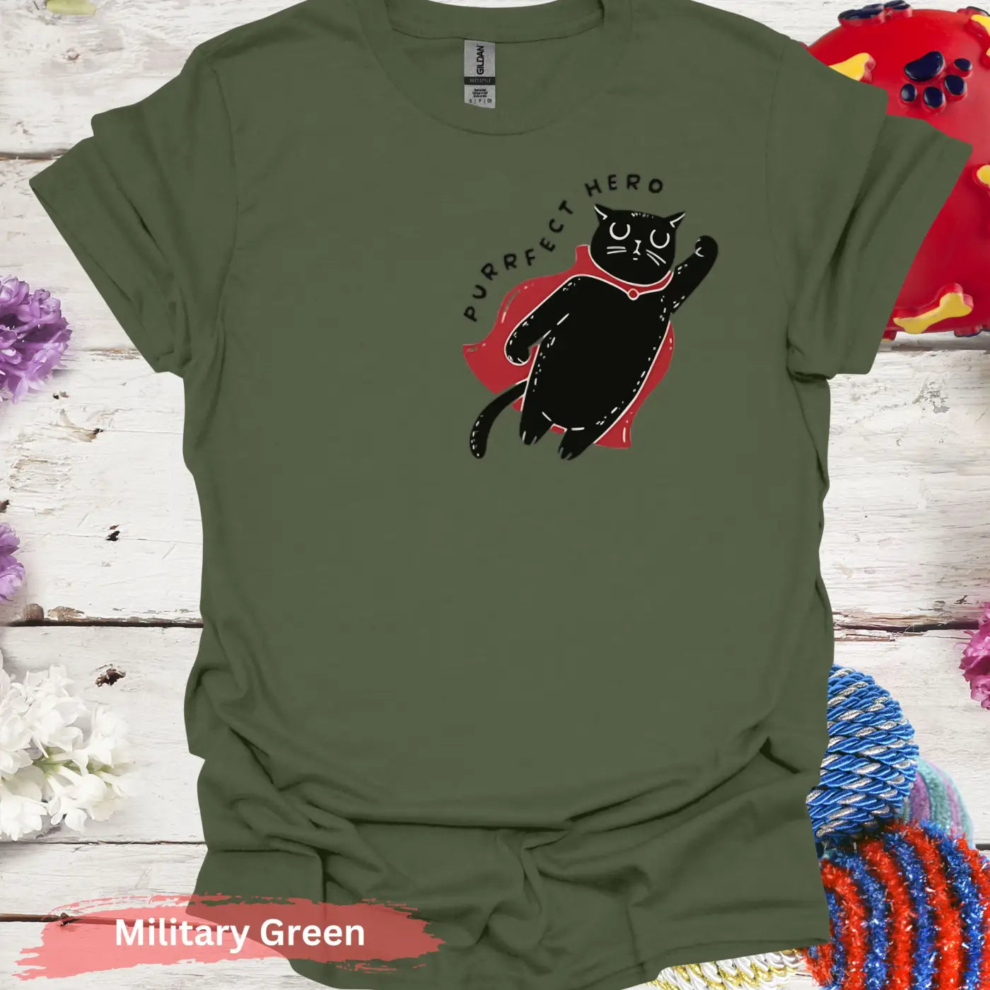 Purrfect Hero Cat with Cape T-shirt - S / Military Green - Physical Item