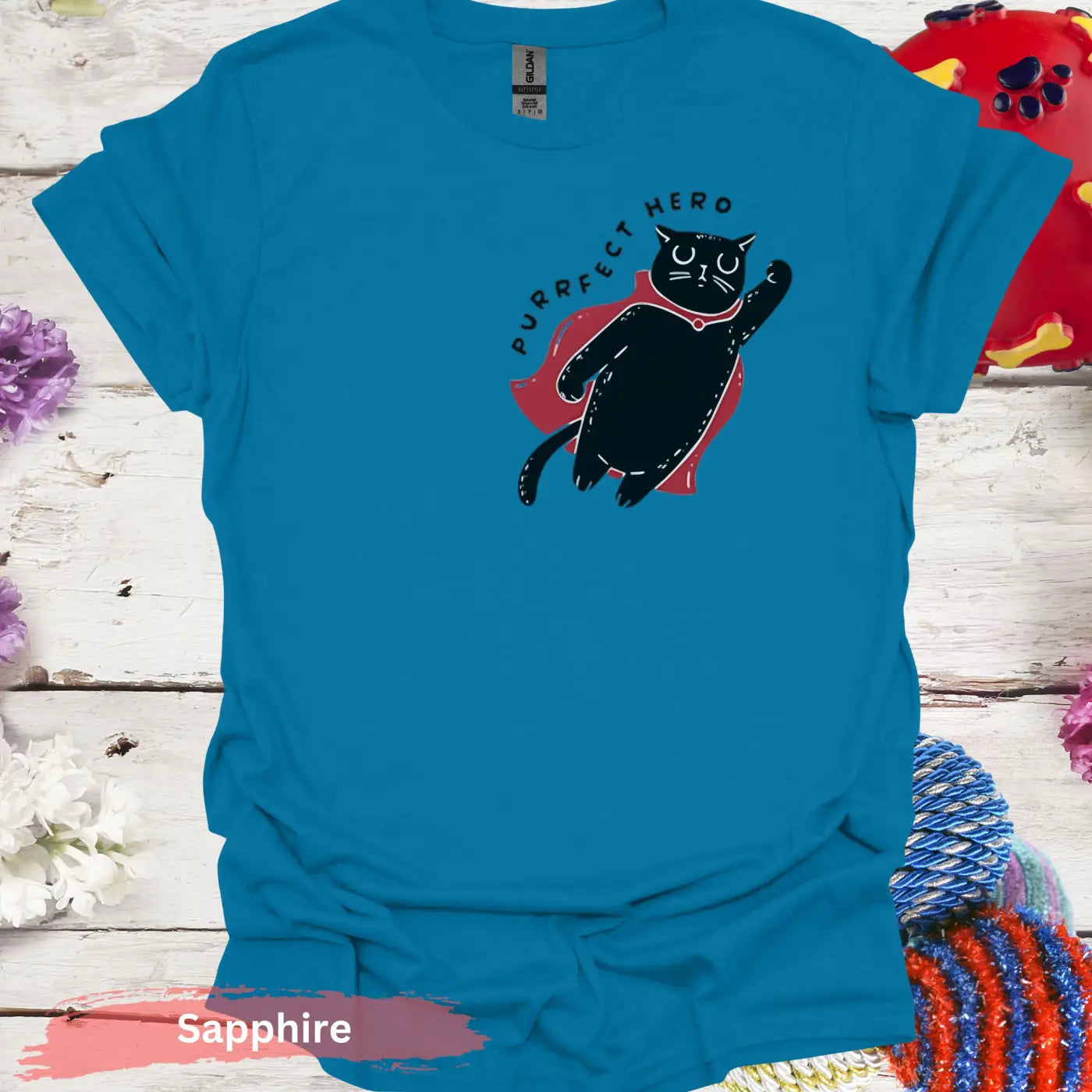 Purrfect Hero Cat with Cape T-shirt - S / Sapphire - Physical Item