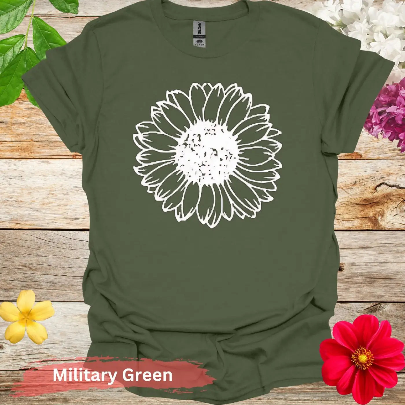 Summer Sunflower in Bold Line T-shirt - S / Military Green - Physical Item