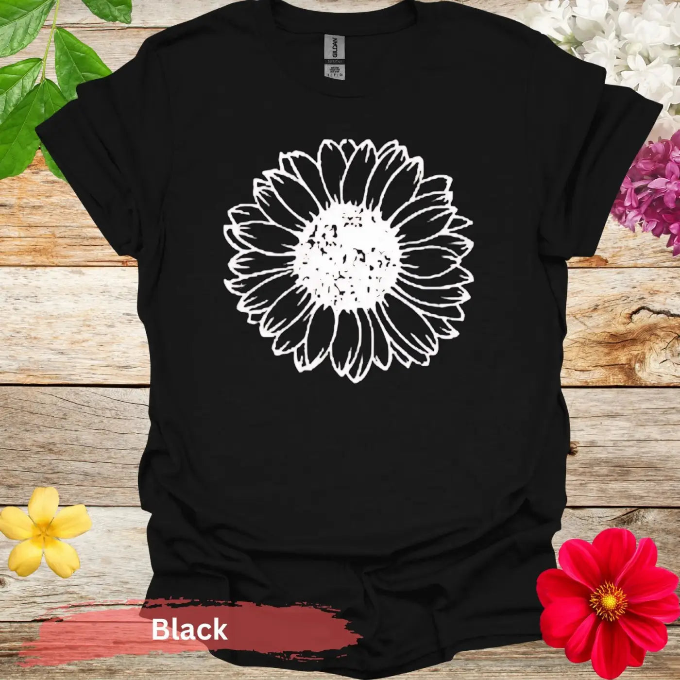 Summer Sunflower in Bold Line T-shirt - S / Black - Physical Item