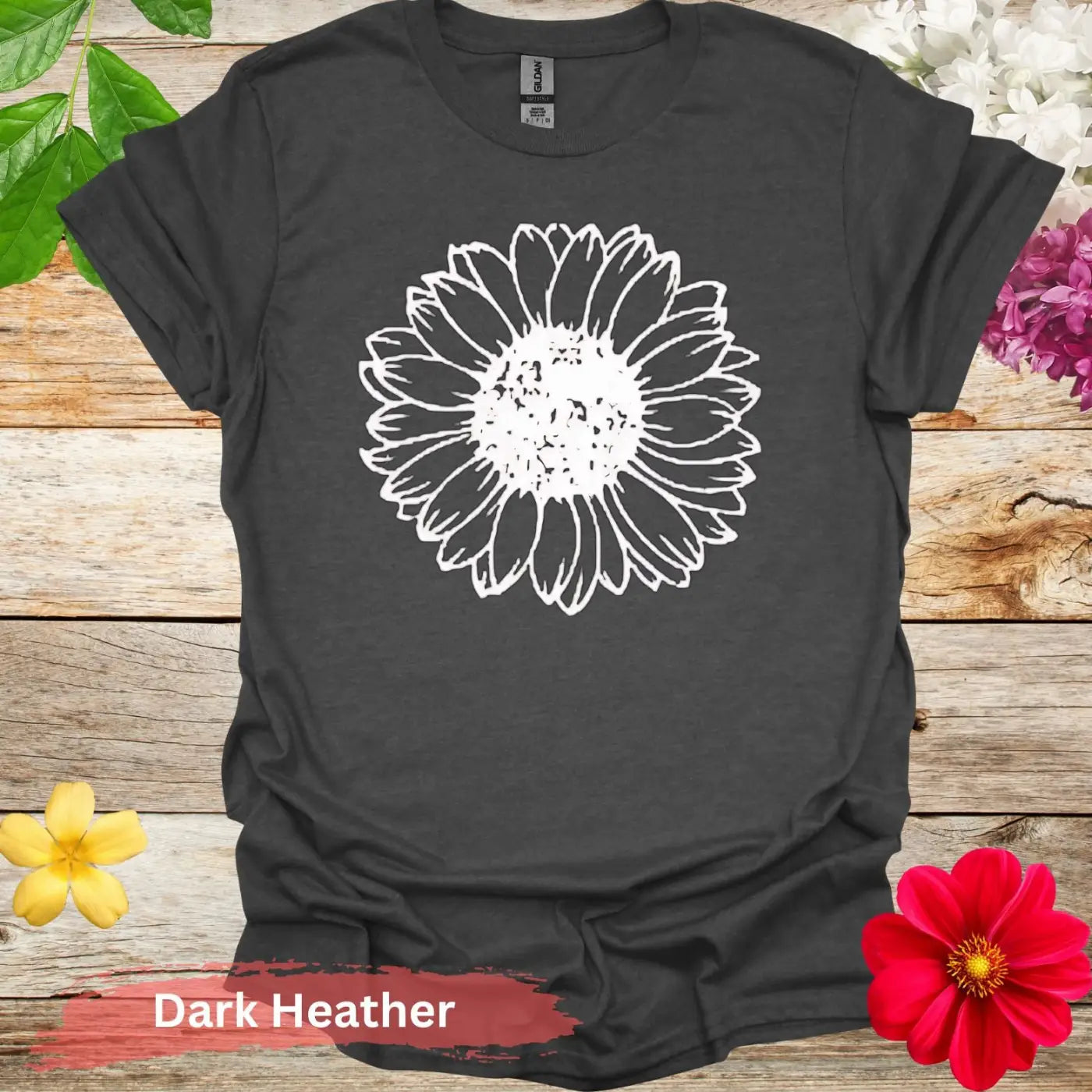 Summer Sunflower in Bold Line T-shirt - S / Dark Heather - Physical Item