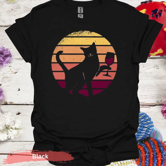 Retro Cat Drinking Wine Sunset T-shirt - S / Black - Physical Item