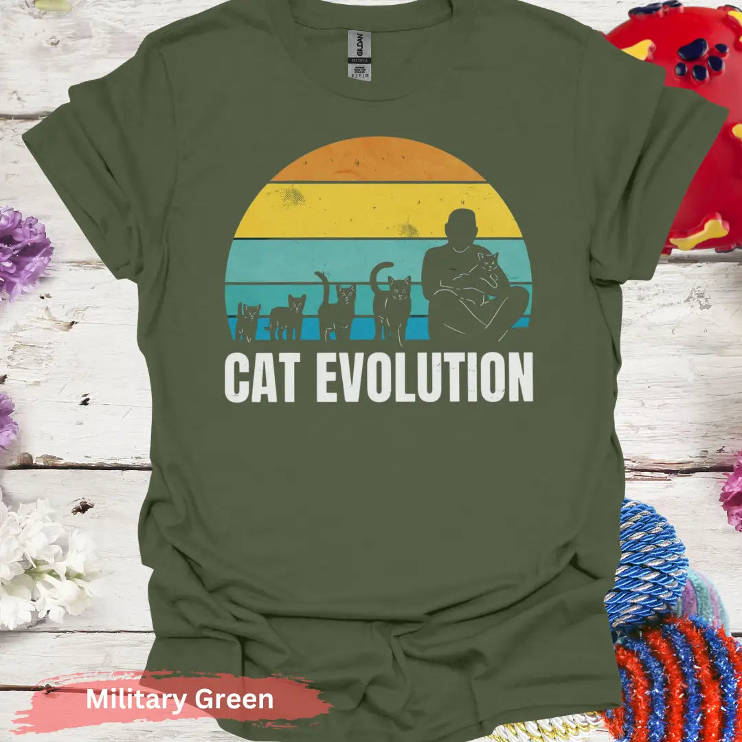 Retro Cat Evolution T-shirt - S / Military Green - Physical Item