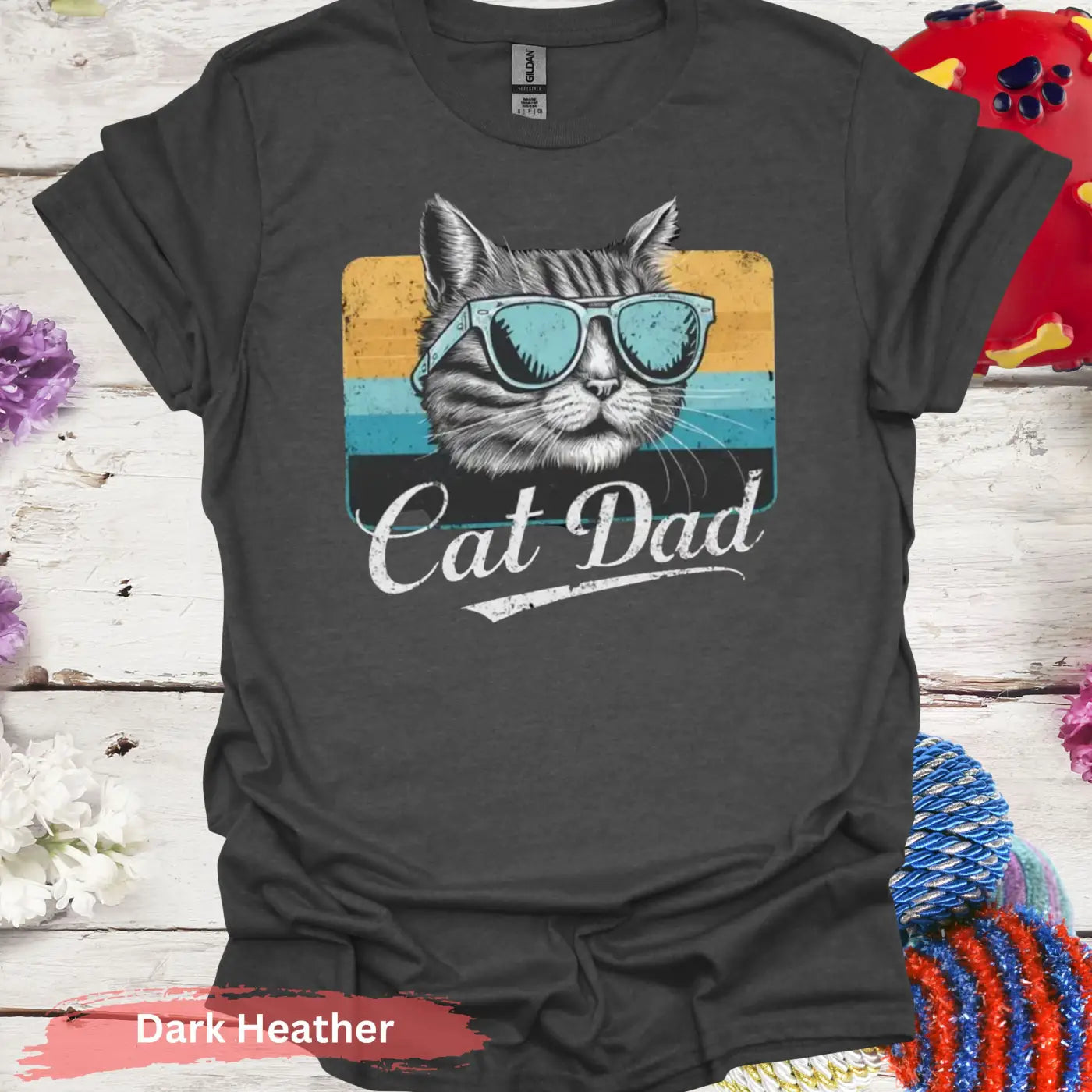 Retro Cat Dad T-shirt - S / Dark Heather - Physical Item