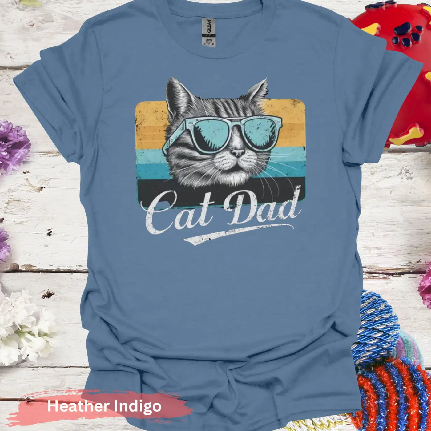 Retro Cat Dad T-shirt - S / Heather Indigo - Physical Item