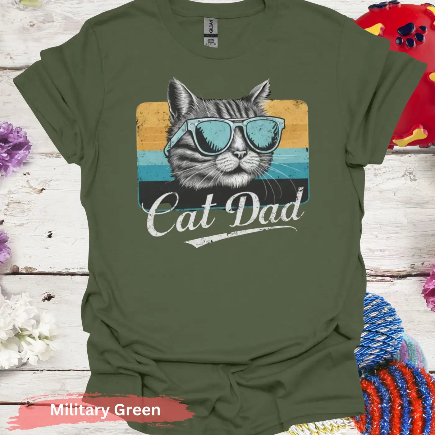 Retro Cat Dad T-shirt - S / Military Green - Physical Item