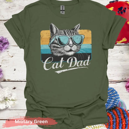 Retro Cat Dad T-shirt - S / Military Green - Physical Item