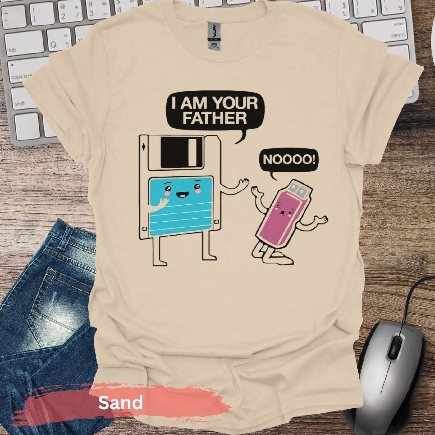 Retro Floppy Disk and USB T-Shirt - S / Sand - Physical Item