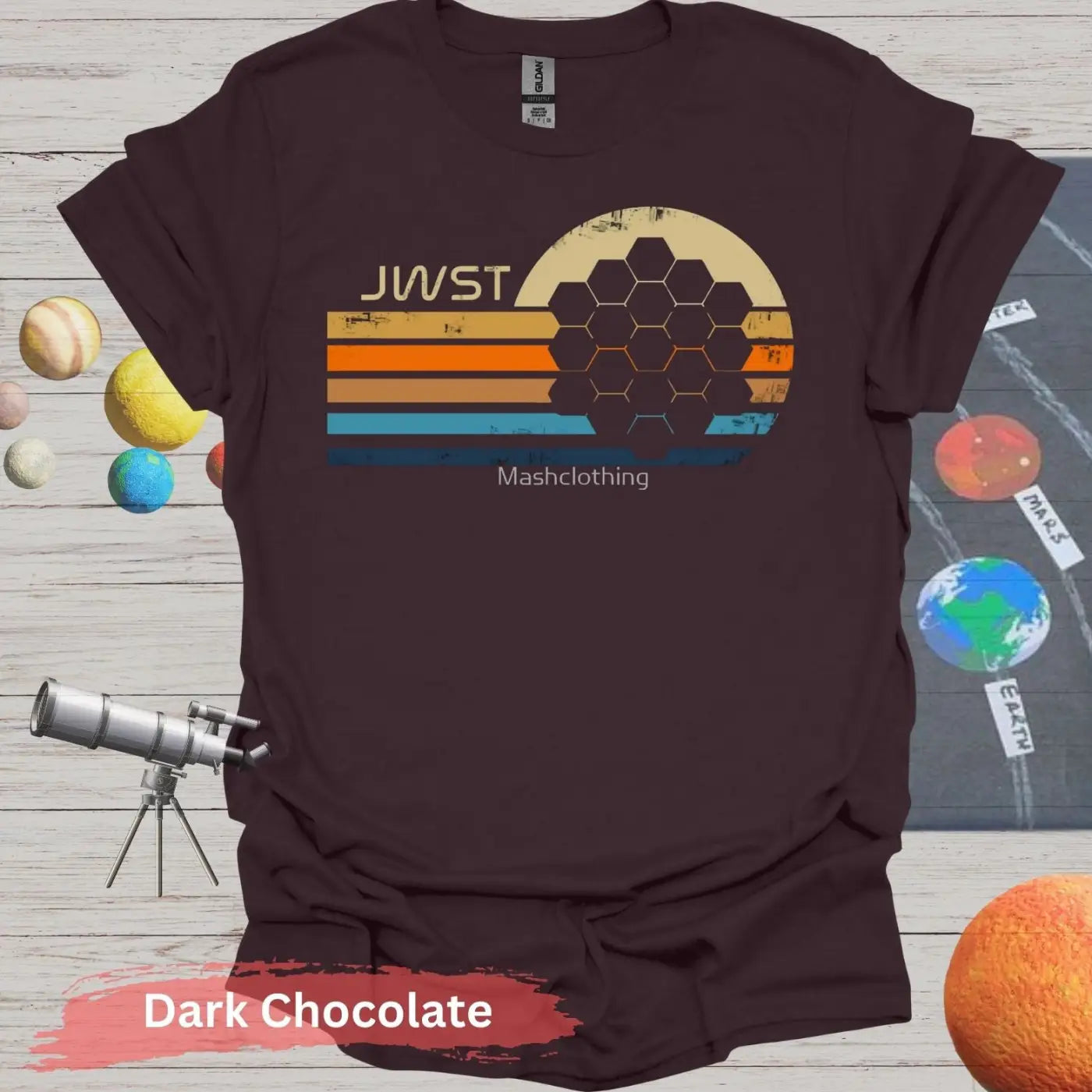 Retro JWST Hexagonal Mirror T-Shirt - S / Dark Chocolate - Physical Item