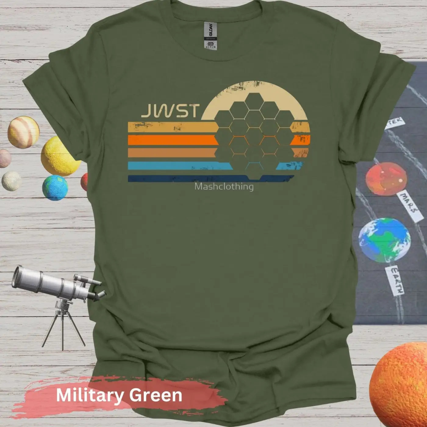 Retro JWST Hexagonal Mirror T-Shirt - S / Military Green - Physical Item