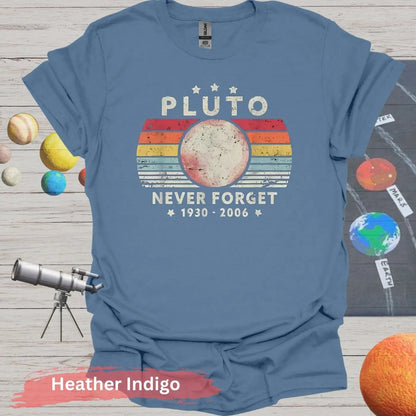 Retro Pluto Never Forget 1930 2006 T-Shirt - S / Heather Indigo - Physical Item