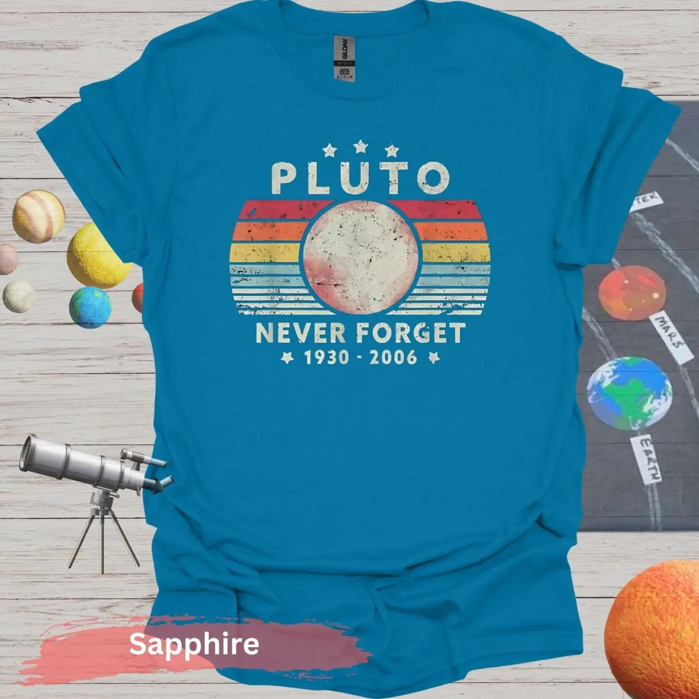 Retro Pluto Never Forget 1930 2006 T-Shirt - S / Sapphire - Physical Item