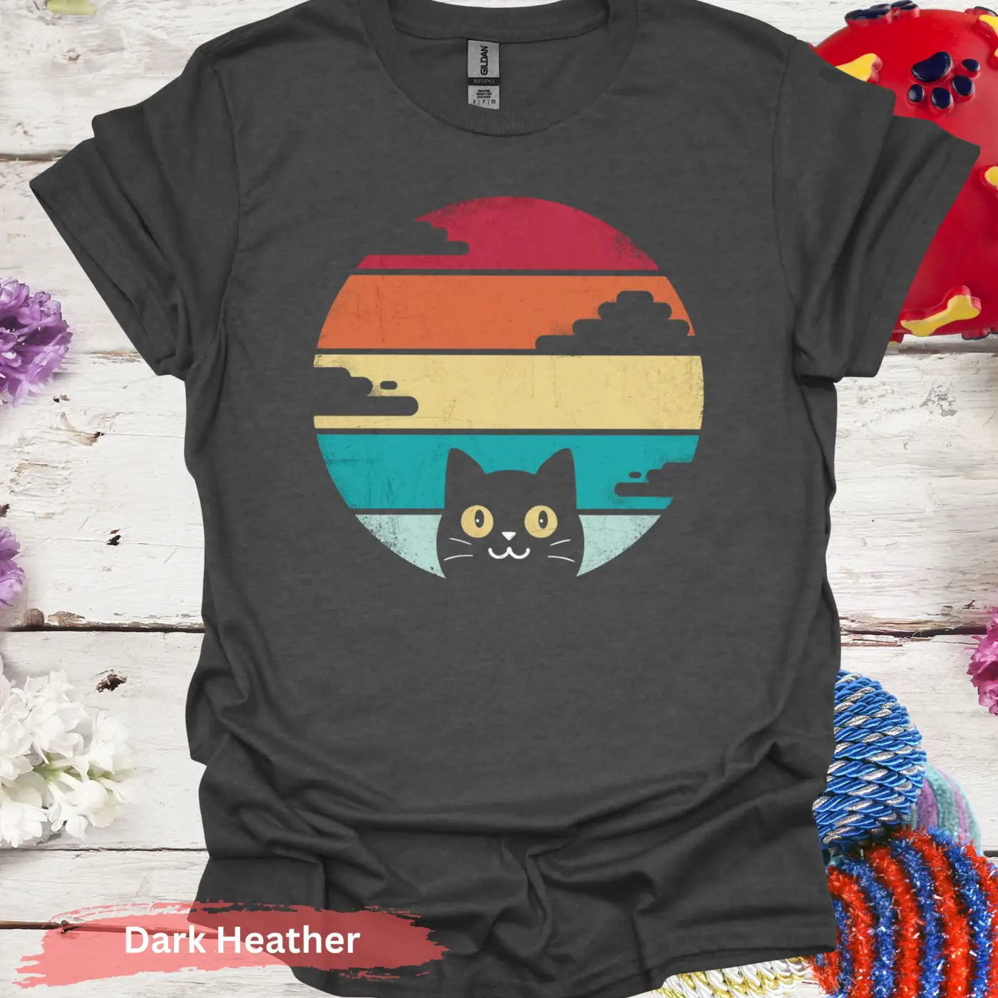 Retro Sunset Black Cat T-shirt - S / Dark Heather - Physical Item