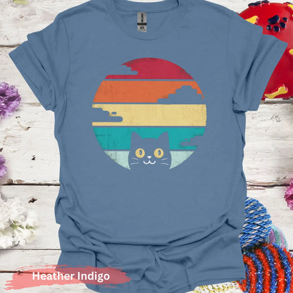 Retro Sunset Black Cat T-shirt - S / Heather Indigo - Physical Item