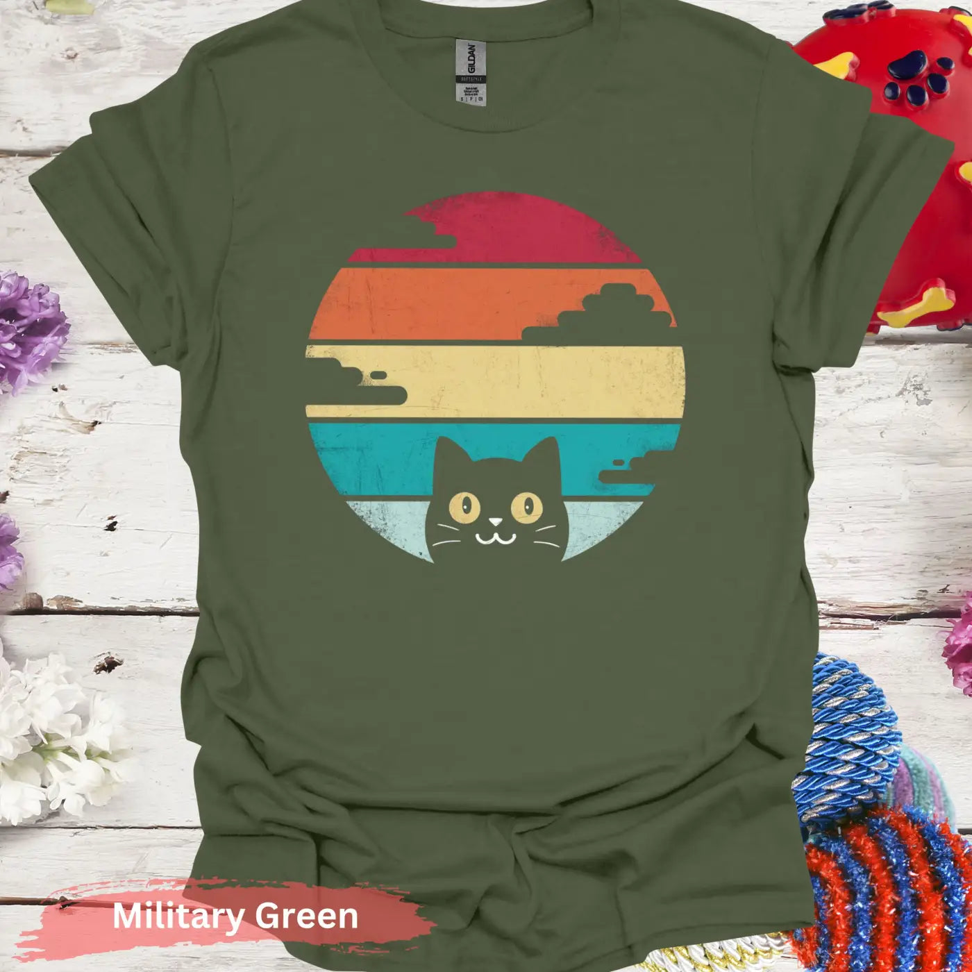 Retro Sunset Black Cat T-shirt - S / Military Green - Physical Item