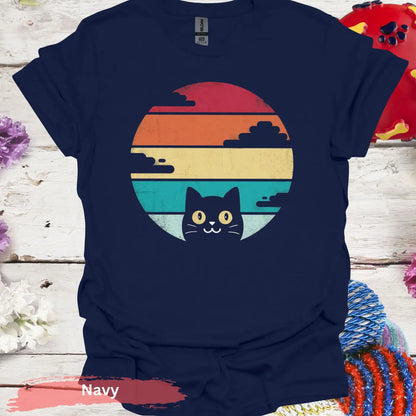 Retro Sunset Black Cat T-shirt - S / Navy - Physical Item