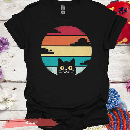 Retro Sunset Black Cat T-shirt - S / Physical Item