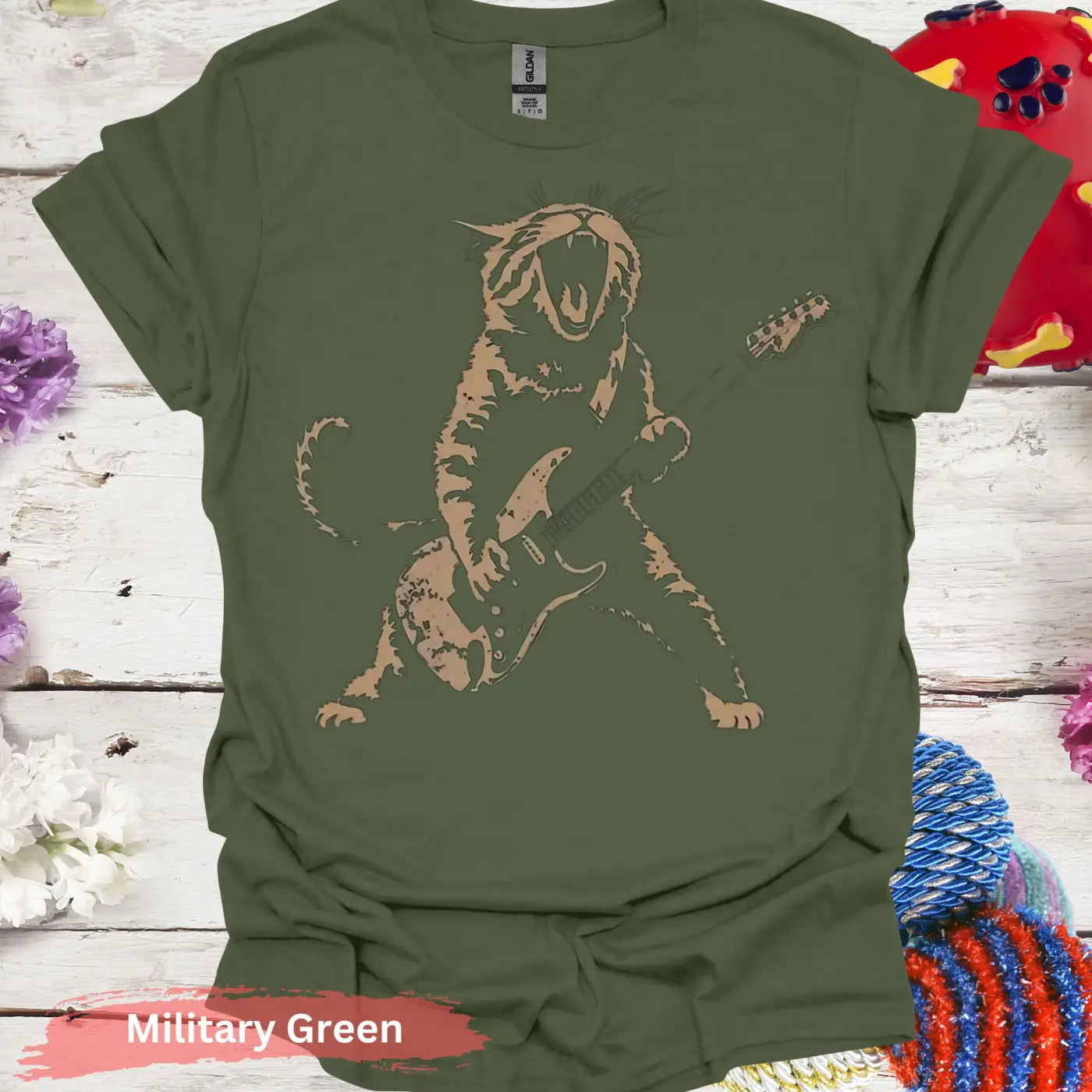 Rock Star Cat T-Shirt - S / Military Green - Physical Item