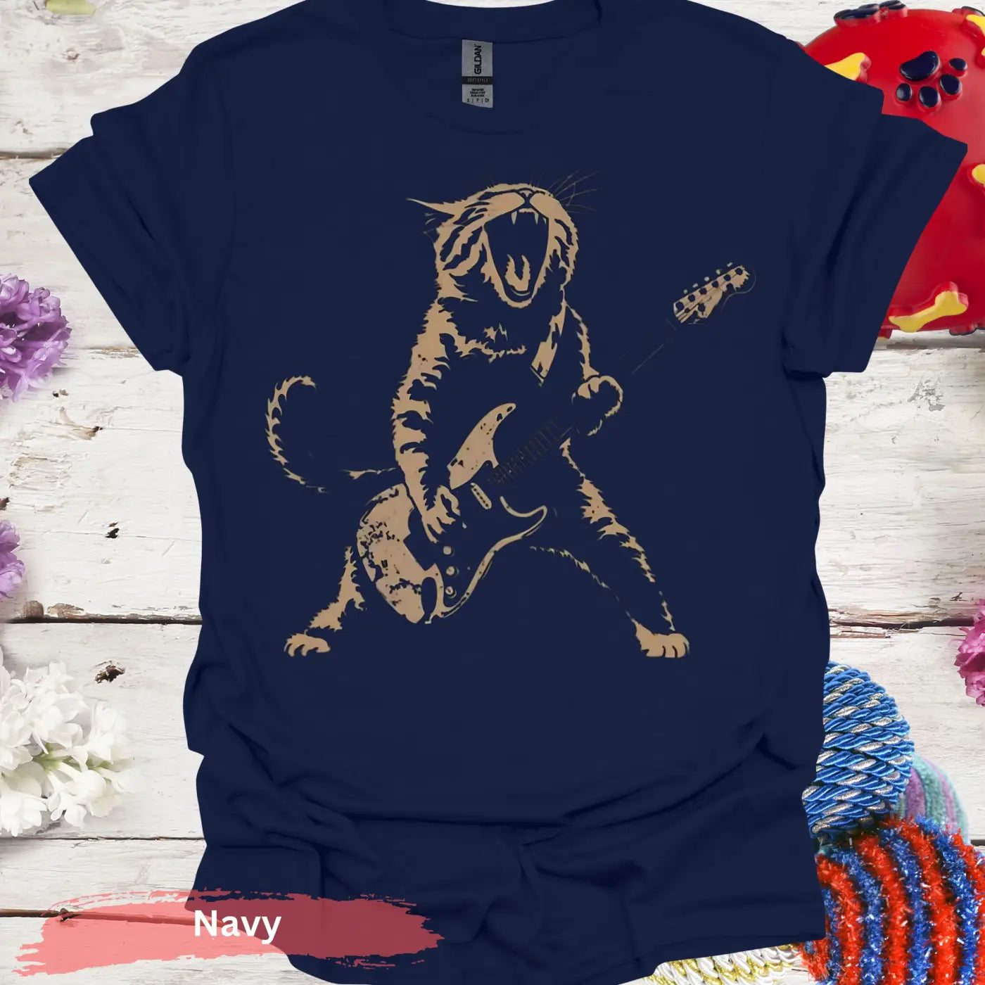 Rock Star Cat T-Shirt - S / Navy - Physical Item