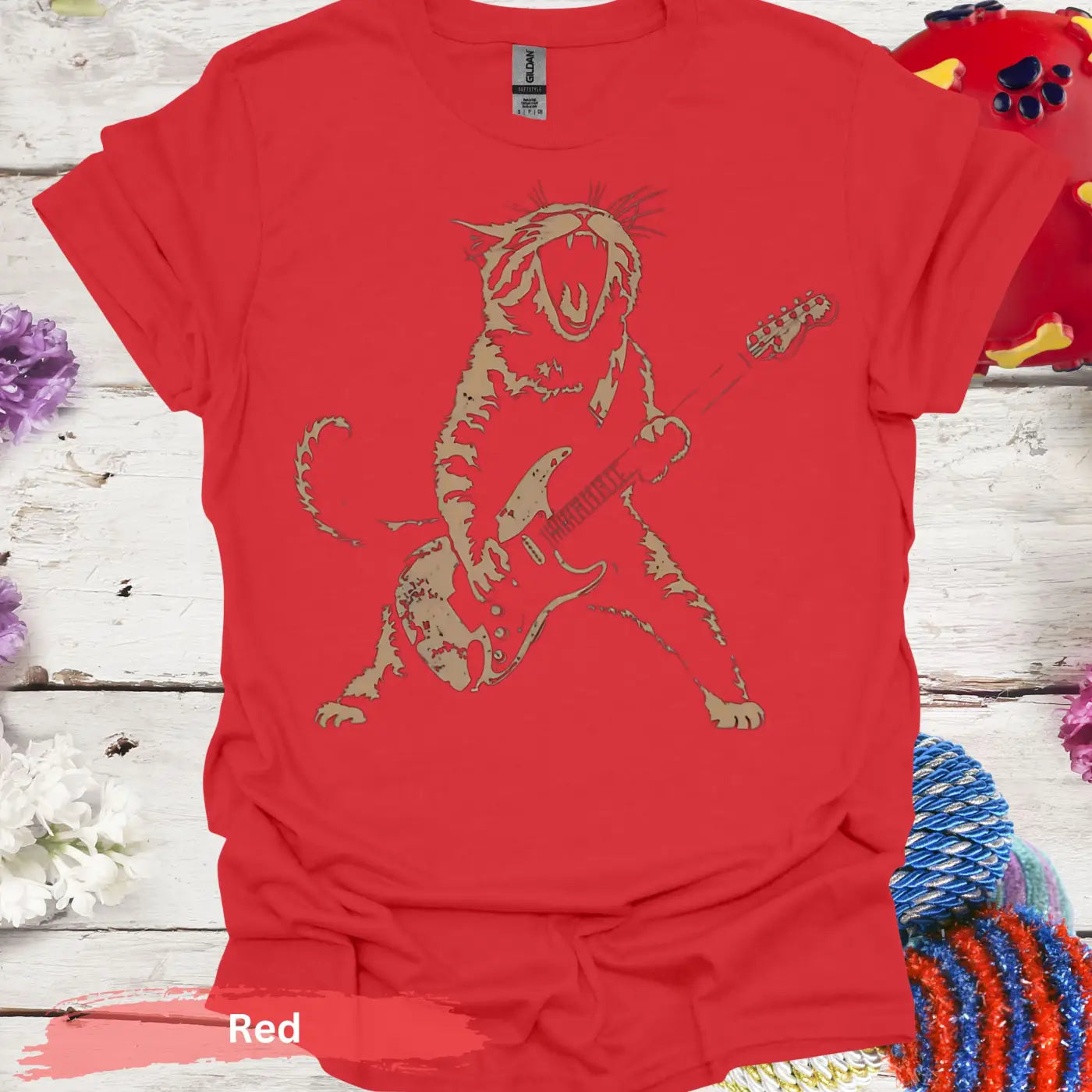 Rock Star Cat T-Shirt - S / Red - Physical Item