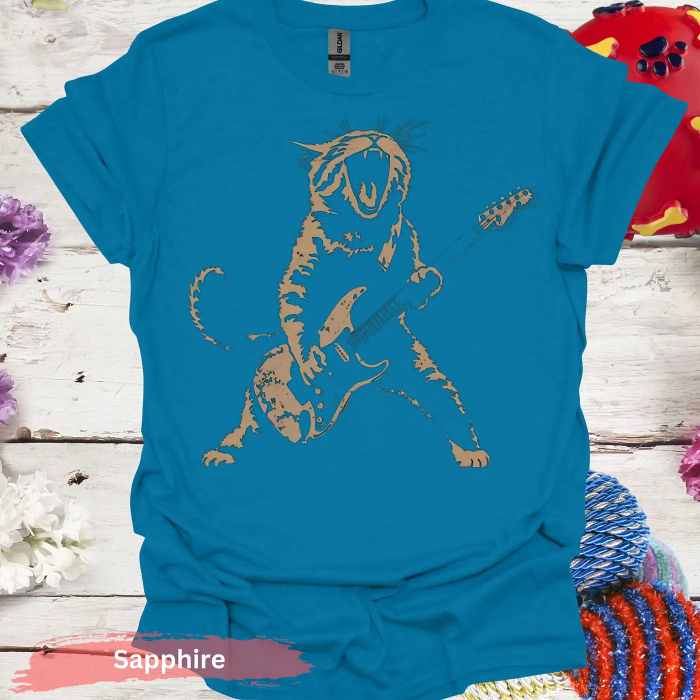 Rock Star Cat T-Shirt - S / Sapphire - Physical Item