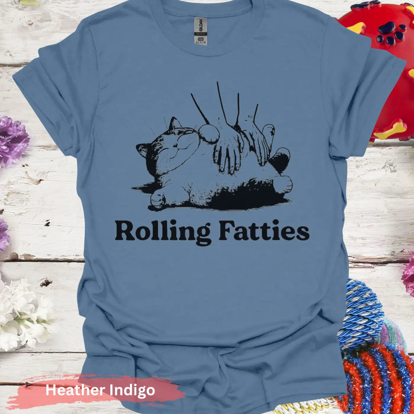 Rolling Fatties Lazy Cat Meme T-shirt - S / Heather Indigo - Physical Item