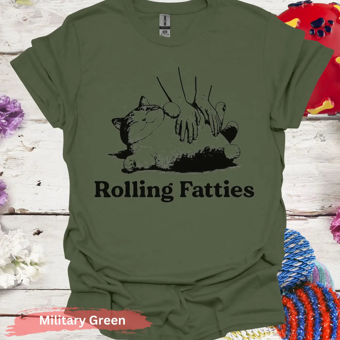 Rolling Fatties Lazy Cat Meme T-shirt - S / Military Green - Physical Item