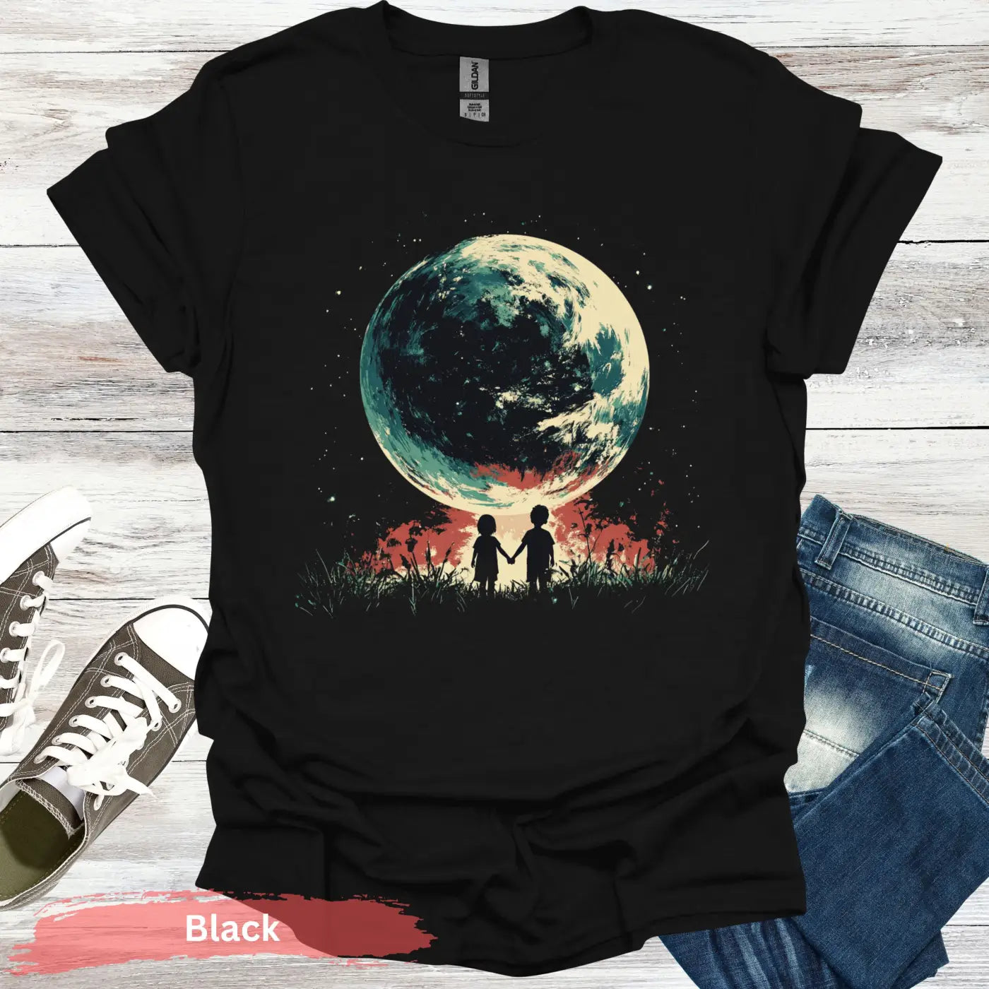 Romantic Moon Gazing T-Shirt - S / Black - Physical Item
