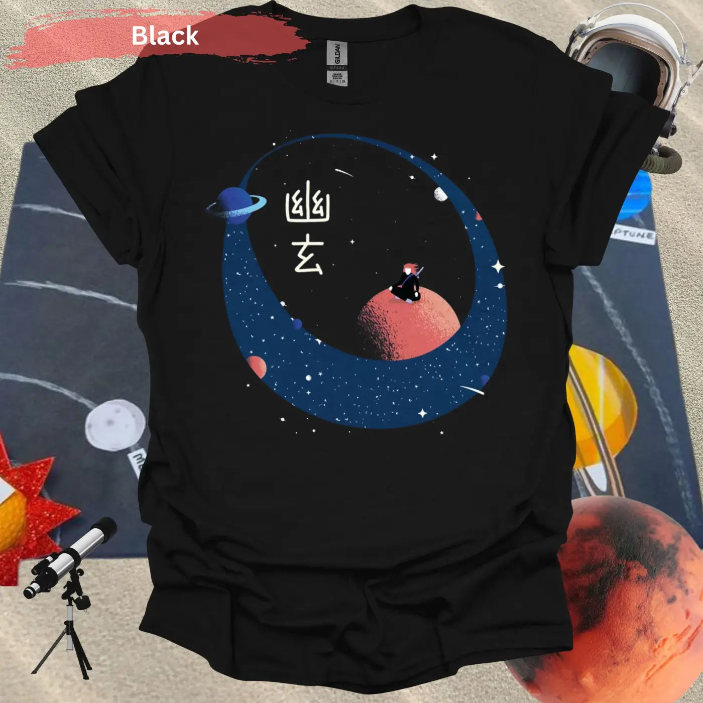 Samurai Meditating on a Red Planet T-shirt - S / Black - Physical Item