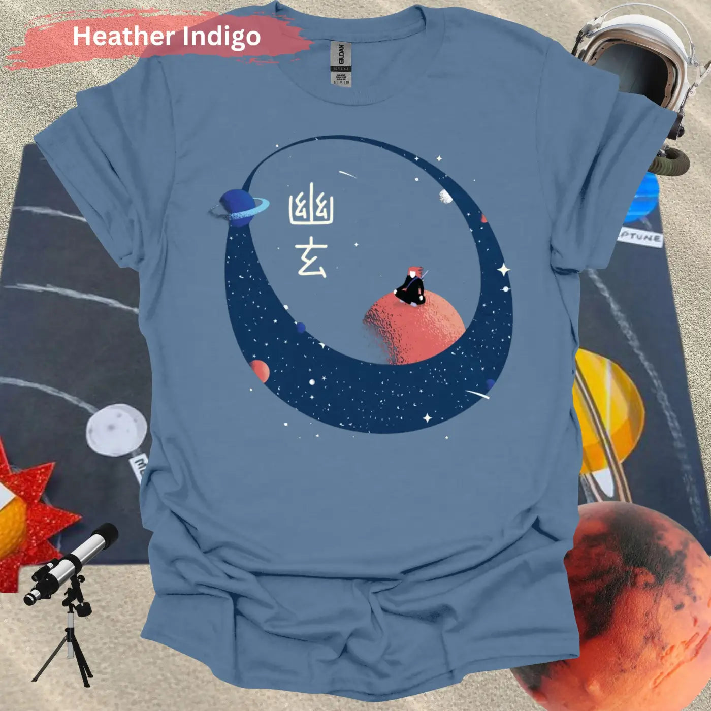 Samurai Meditating on a Red Planet T-shirt - S / Heather Indigo - Physical Item