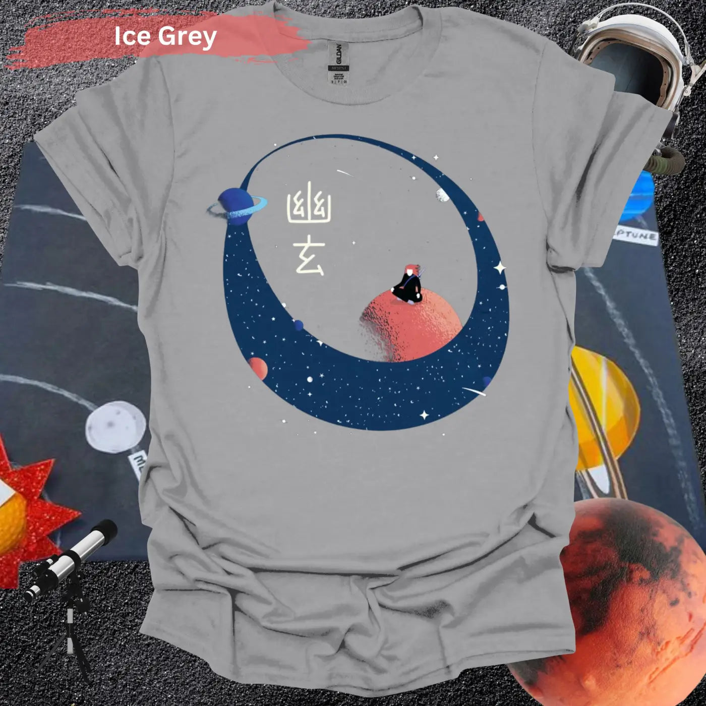 Samurai Meditating on a Red Planet T-shirt - S / Ice Grey - Physical Item